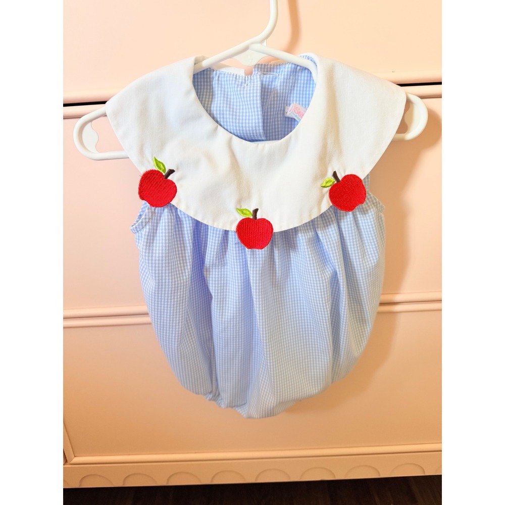 Stitchy Fish Children Blue Gingham Apple Bubble Romper 6M Peter Pan Collar